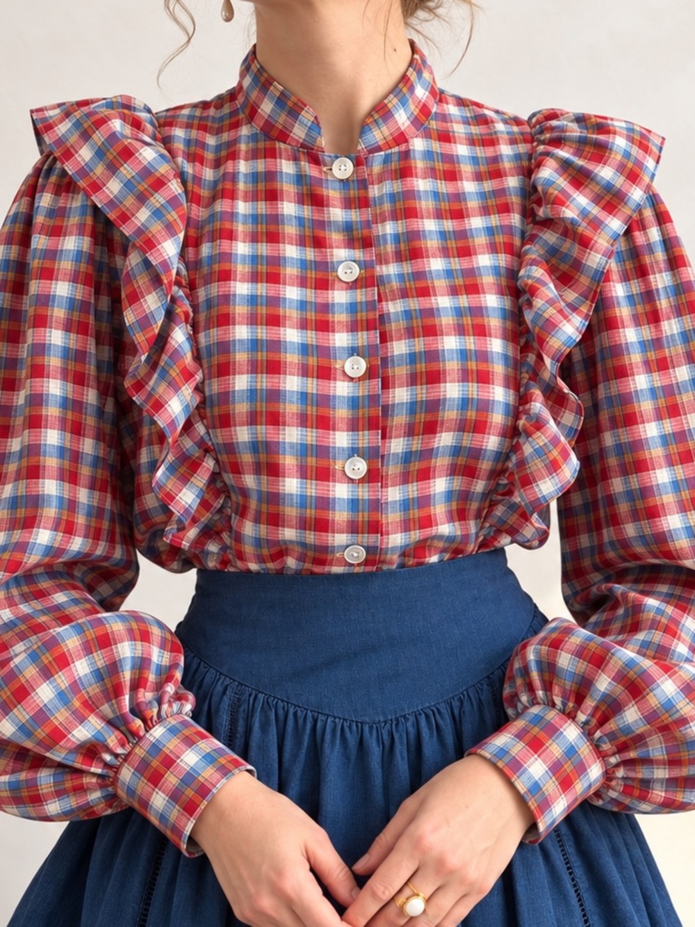 Vintage 80s Handmade Plaid Ruffle Blouse Cottagecore Prairie Romantic, S